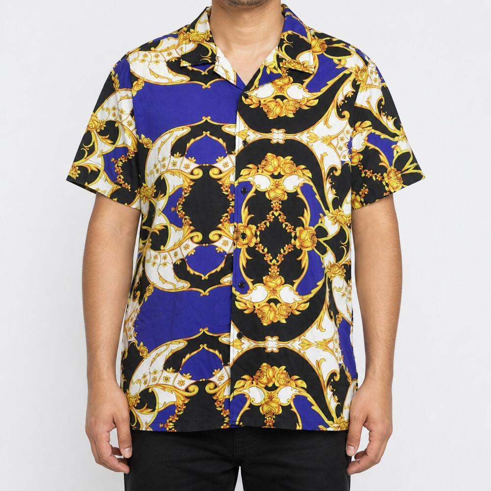 Suslo Couture Shirt Mens 2XL Blue Black Gold 4-Way Stretch Short Sleeve
